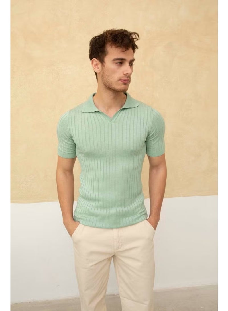 Cool Tarz Cool Style Men's Ribbed Polo Neck Knit T-Shirt - Image 1